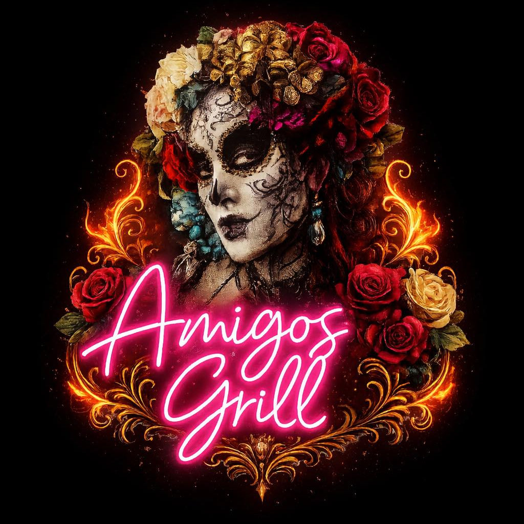 Decorative logo for Amigos Grill with a stylized face and floral elements on a dark background.