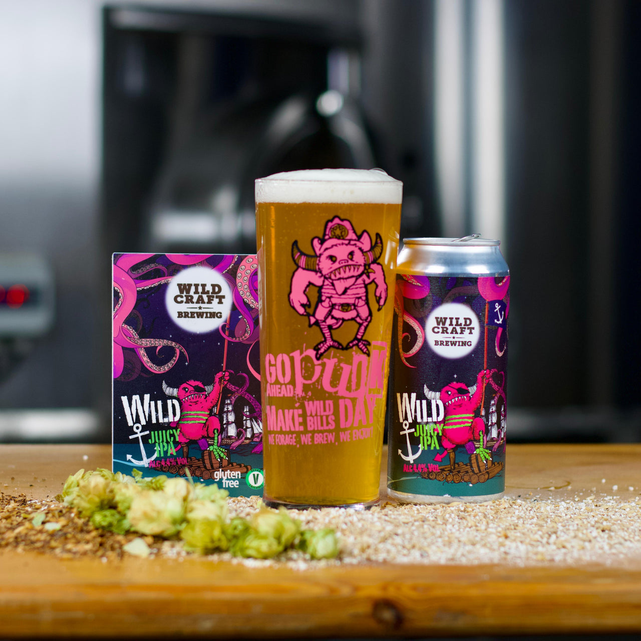 Can of Wild Anchor beer on a wooden surface with a blurred background