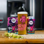 Can of Wild Anchor beer on a wooden surface with a blurred background