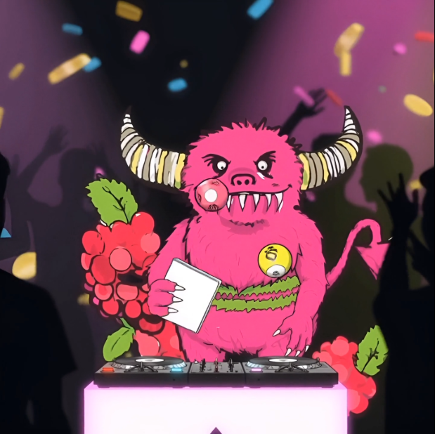 Cartoonish pink creature, know n as Brewbacca with horns and a microphone on a colorful background spinning discs and calling bingo
