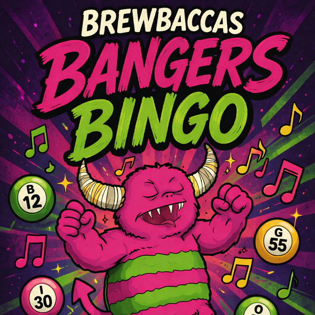 Promotional poster for Brewbaccas Bangers Bingo with a cartoon character and event details.