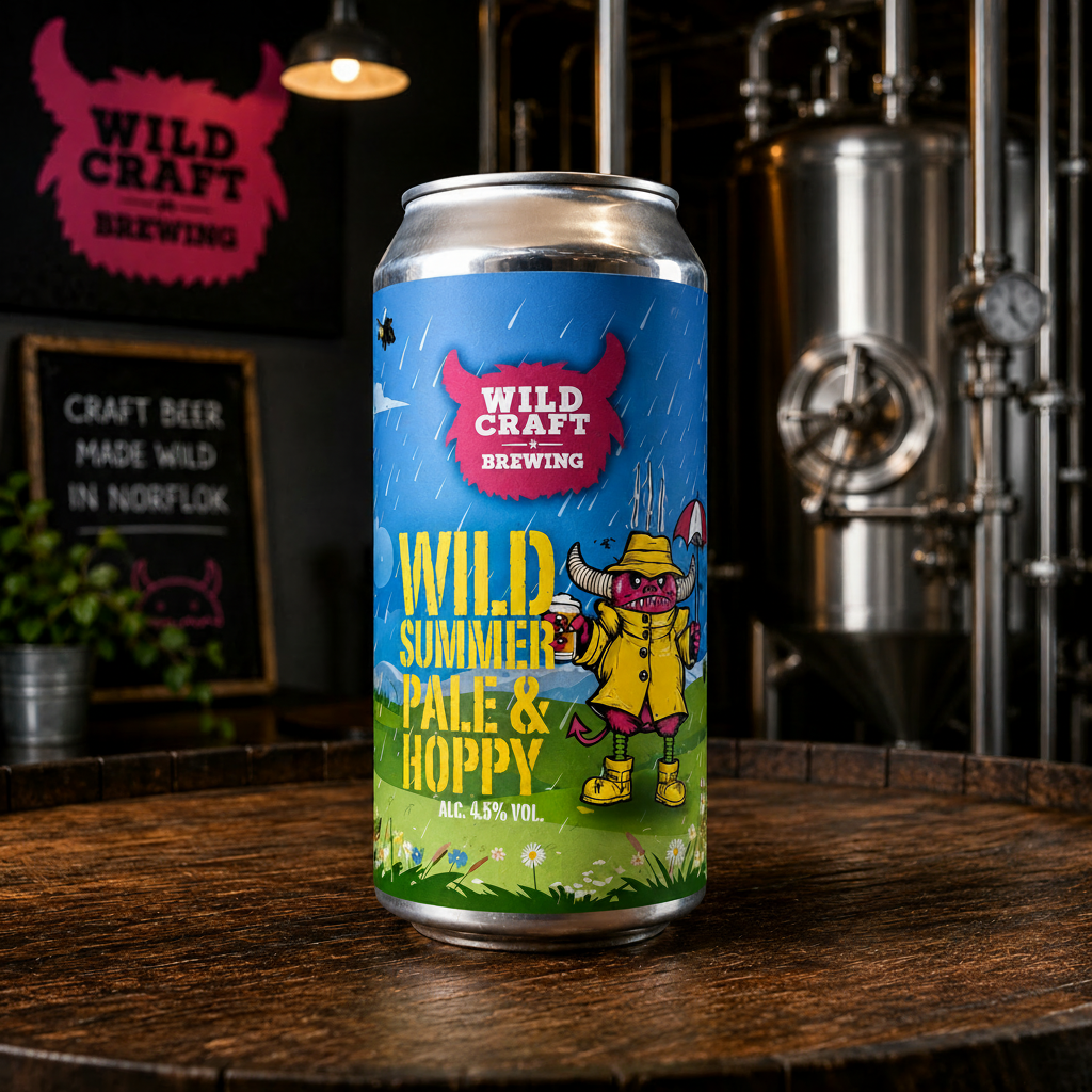 Can of Wild Craft Brewing Wild Summer Pale & Hoppy beer on a wooden table with brewing equipment in the background.