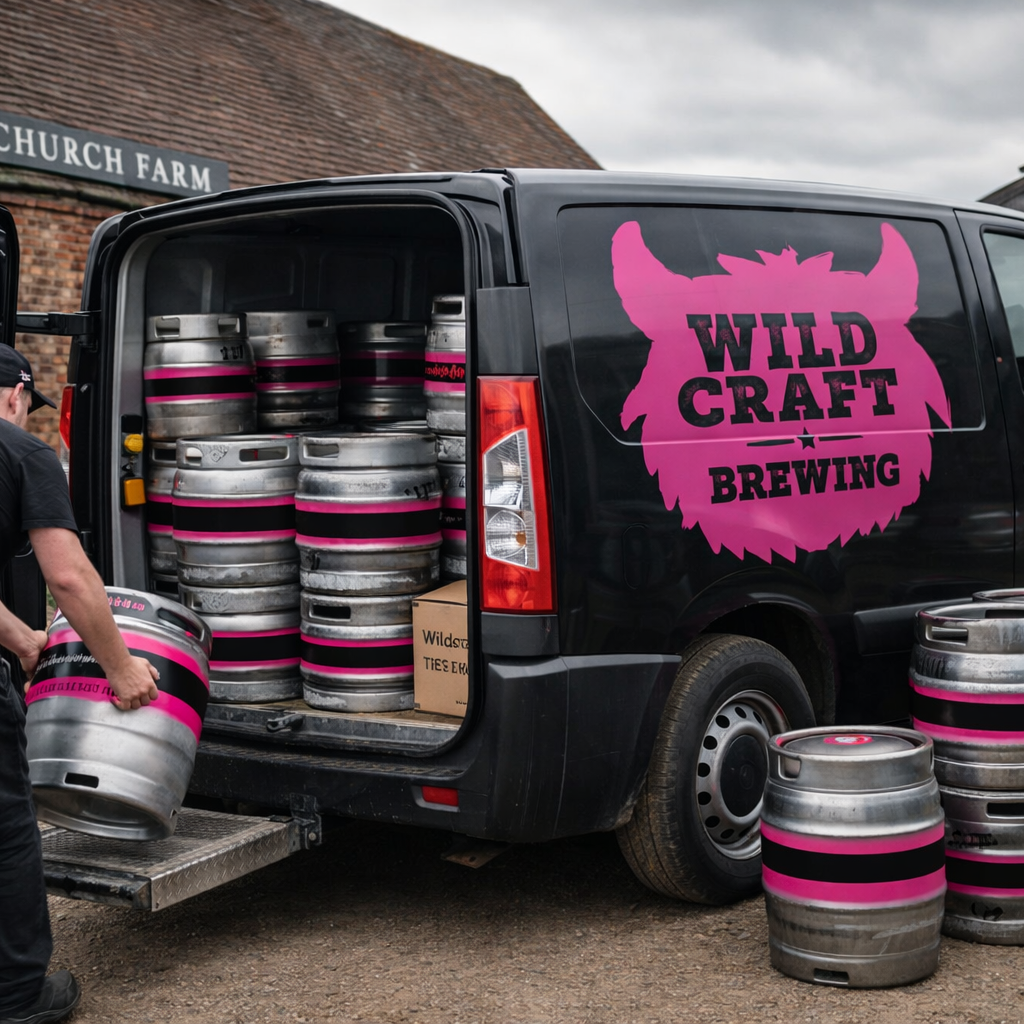 Van with 'Wild Craft Brewing' logo loading beer barrels on a farm.