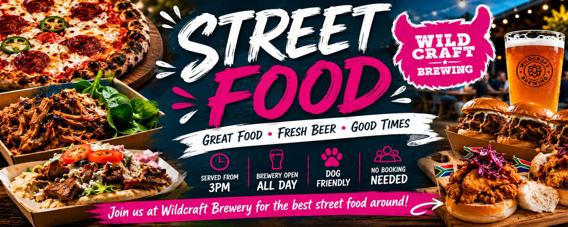 Promotional poster for Wild Craft Brewery's street food and beer offering.
