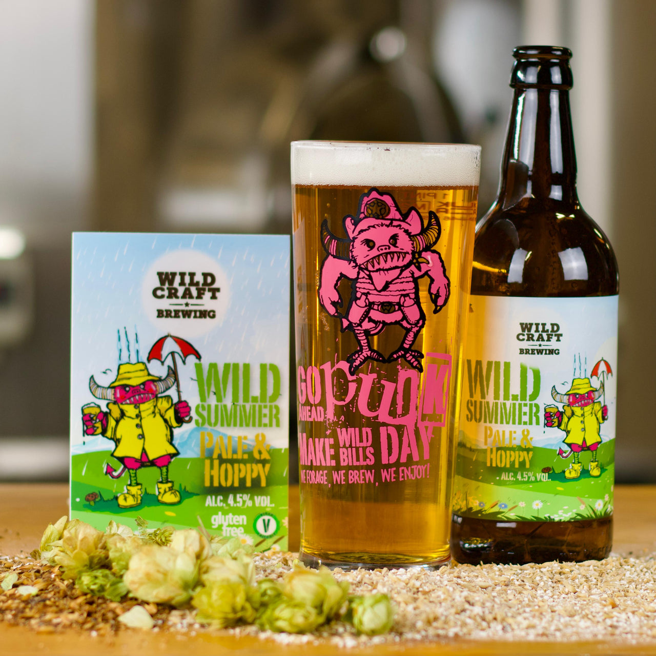 Bottle of Wild Summer beer on a wooden surface with a blurred background