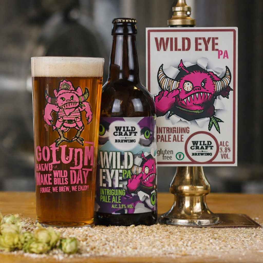 Wild Eye PA bottle, full glass and pump clip