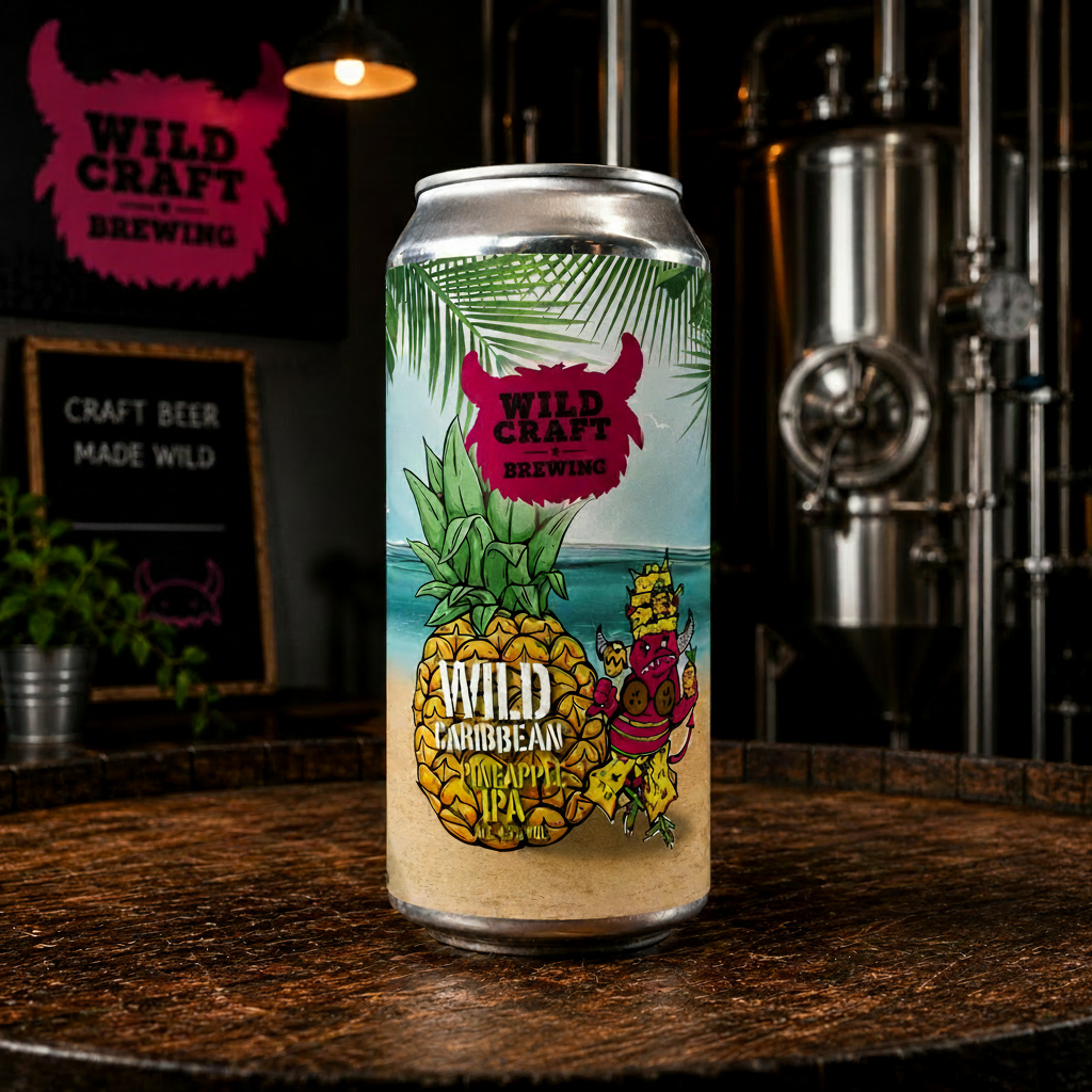 Can of Wildcraft Brewing Wild Caribbean pinepple IPA on a wooden surface with brewing equipment in the background.