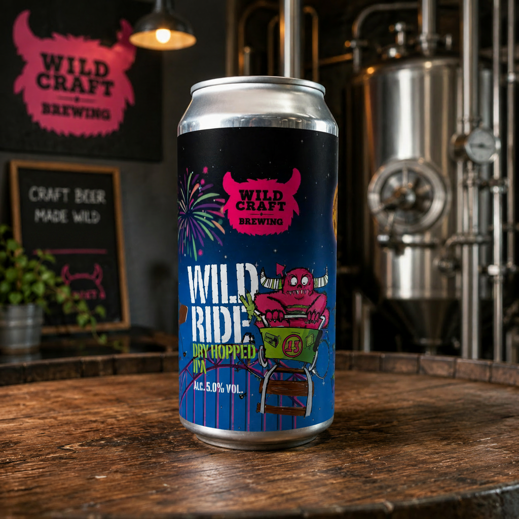 Beer can with 'Wild Craft Brewing' branding on a wooden table in a brewery setting.