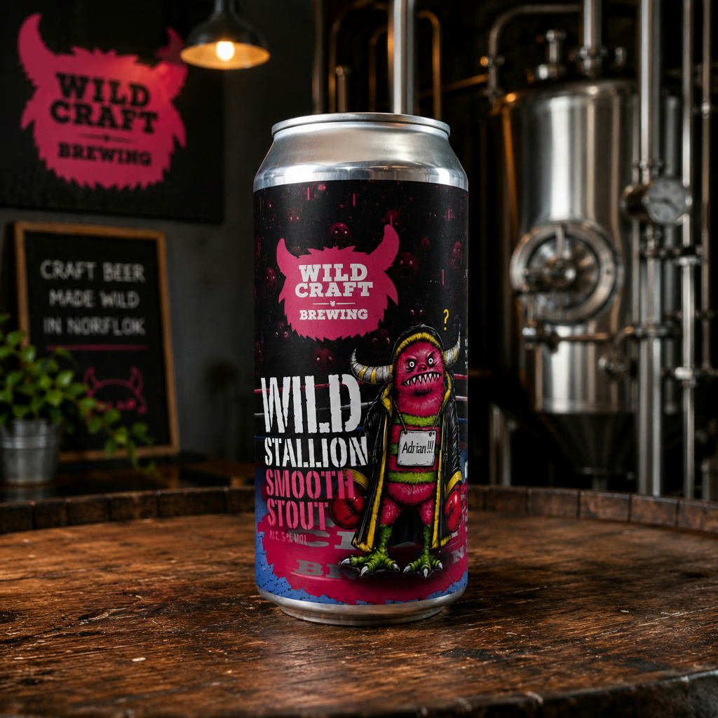 Can of Wild Craft Brewing Wild Stallion Smooth Stout on a wooden surface with brewing equipment in the background.