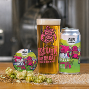 Beer can, glass, and coaster with 'Wild Dryve' branding on a wooden surface.