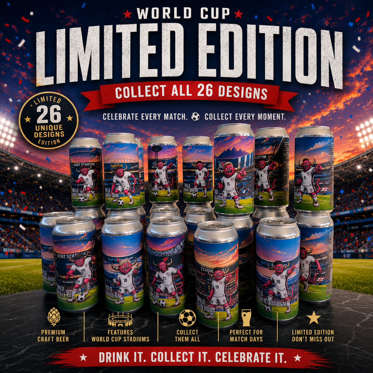 Collection of 26 Wild Win-Grrr-Land football themed craft beer cans from Wildcraft Brewery