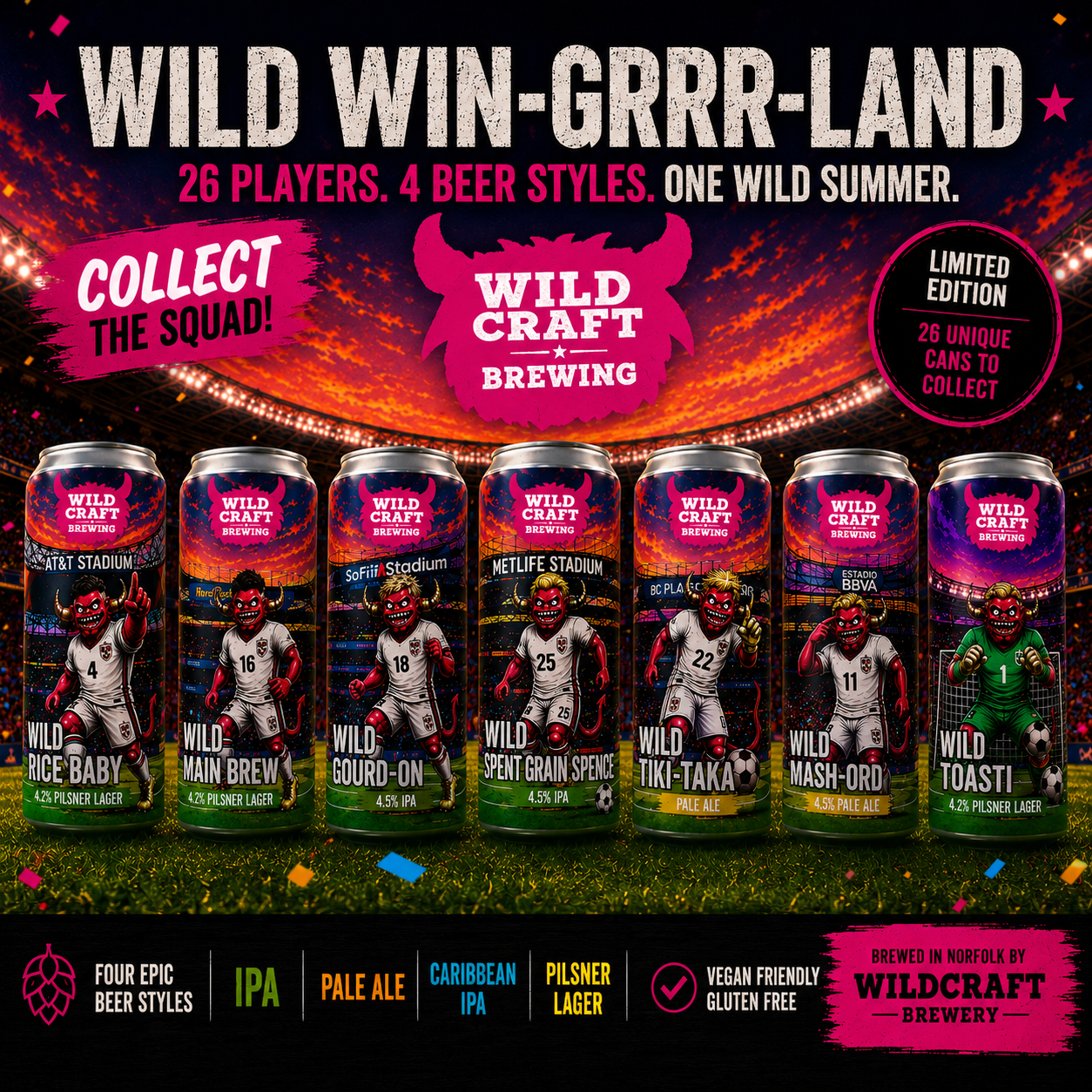 Wild Win-Grrr-Land limited edition collectable beer cans featuring World Cup stadium designs