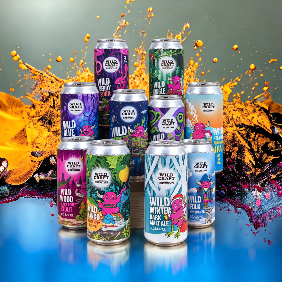 A selection of Wildcraft beer cans against a colourful splash background