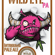 A colorful label for Wildcraft Intriguing Pale Ale with an illustration of a pink eye with horns and a mustache.