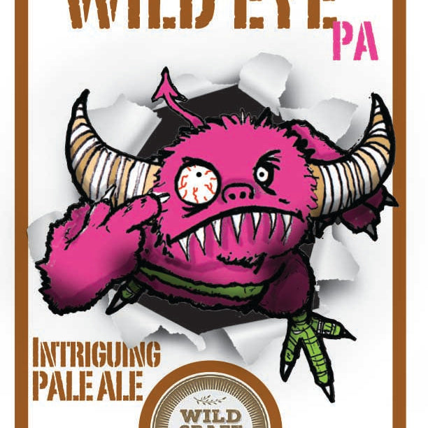 A colorful label for Wildcraft Intriguing Pale Ale with an illustration of a pink eye with horns and a mustache.